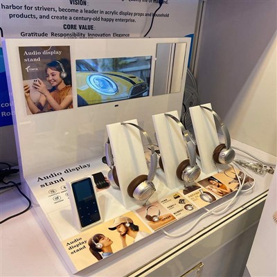 เคาน์เตอร์หูฟังแอคริลิคยืนหูฟังหน้าจอแสดงผลร้านค้าปลีกพร้อมจอแอลซีดี